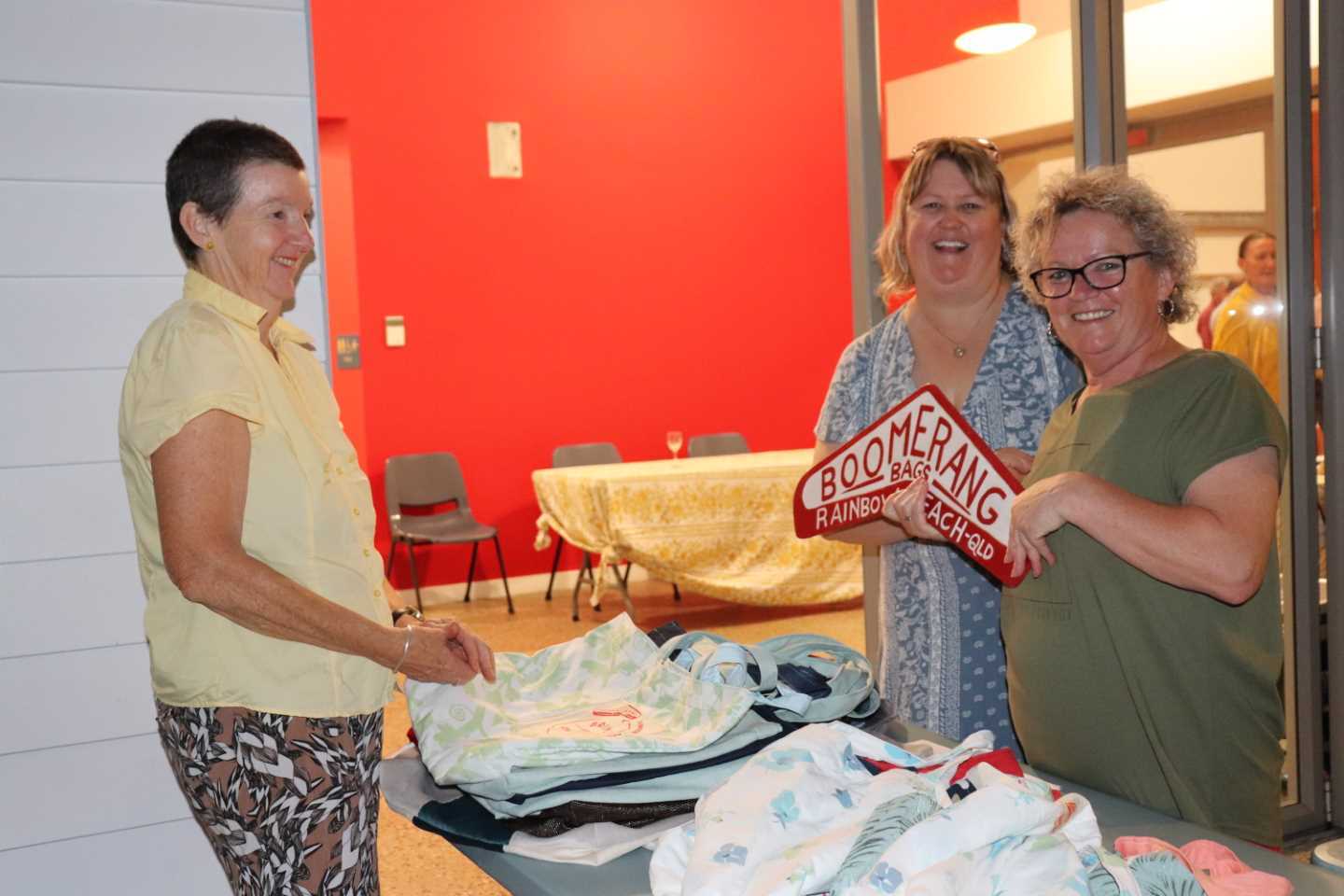 Maryann Vickers, Andrea Hayes and Barb Rees welcome you to Boomerang Bags (taken when they catered at the Festival of Small Halls)