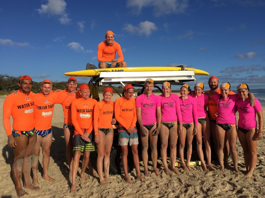 All smiles: Anton Klekar (top) with Jake Reid, Stuart Wilson, Tas McClintock, Mark Lawler, Shannon Dennien, Matt James with newly inducted lifesavers Zack Lindenberg, Jasmin Betteridge, Kate Gilmore, Jasmine Wintle-Legge (SRC), Instructor Shane Handy, Lauren Palmer (SRC) and Floss Adams