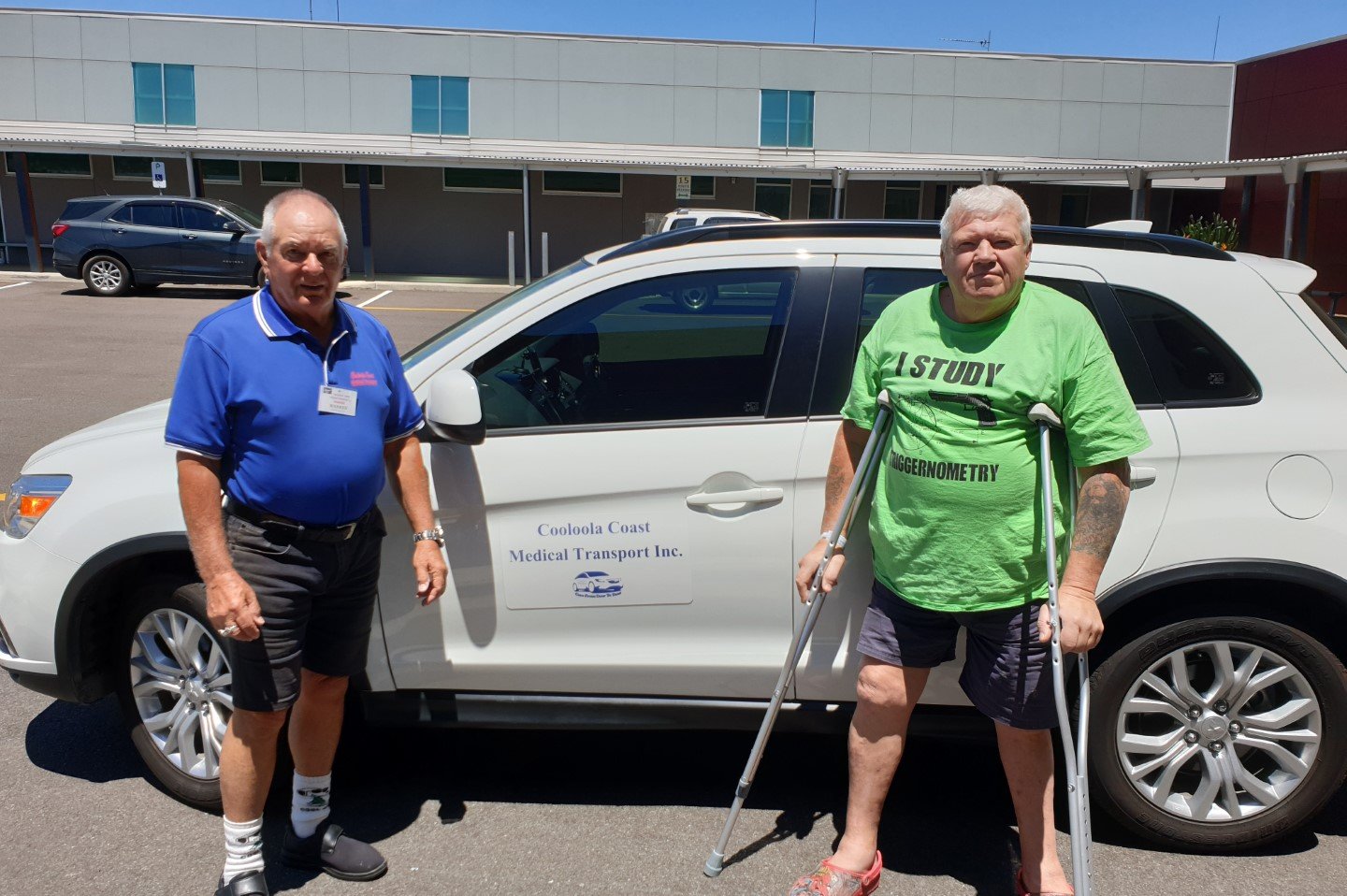 Cooloola Cove resident Paul Hudson arriving safely for his appointment at Gympie Hospital with the support of one of our caring drivers, Warren Morriss 
