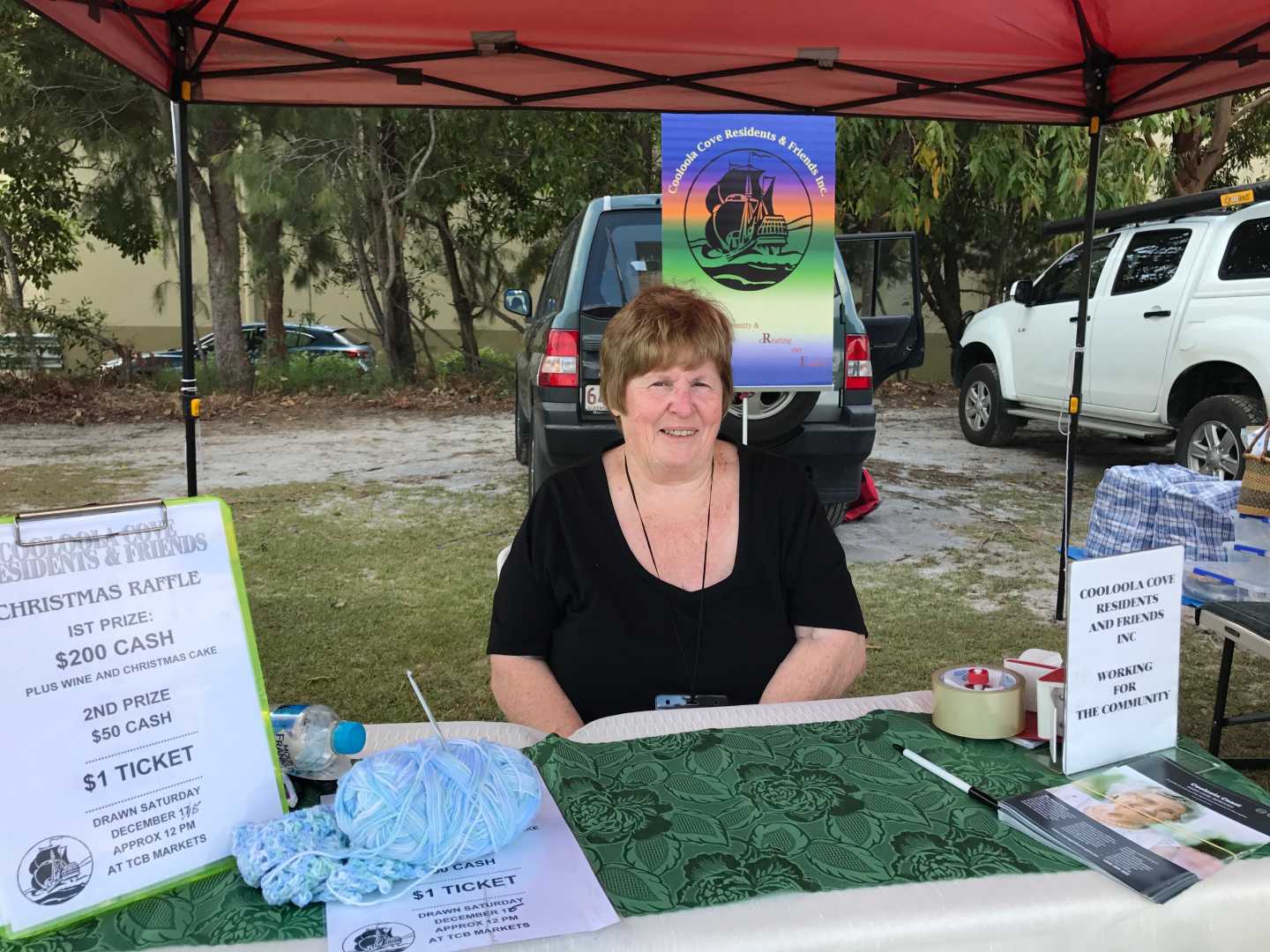 Joan Creswell, Secretary / Treasurer of CCR&amp;F selling tickets at Cooloola Cove Markets, the first Saturday morning of the