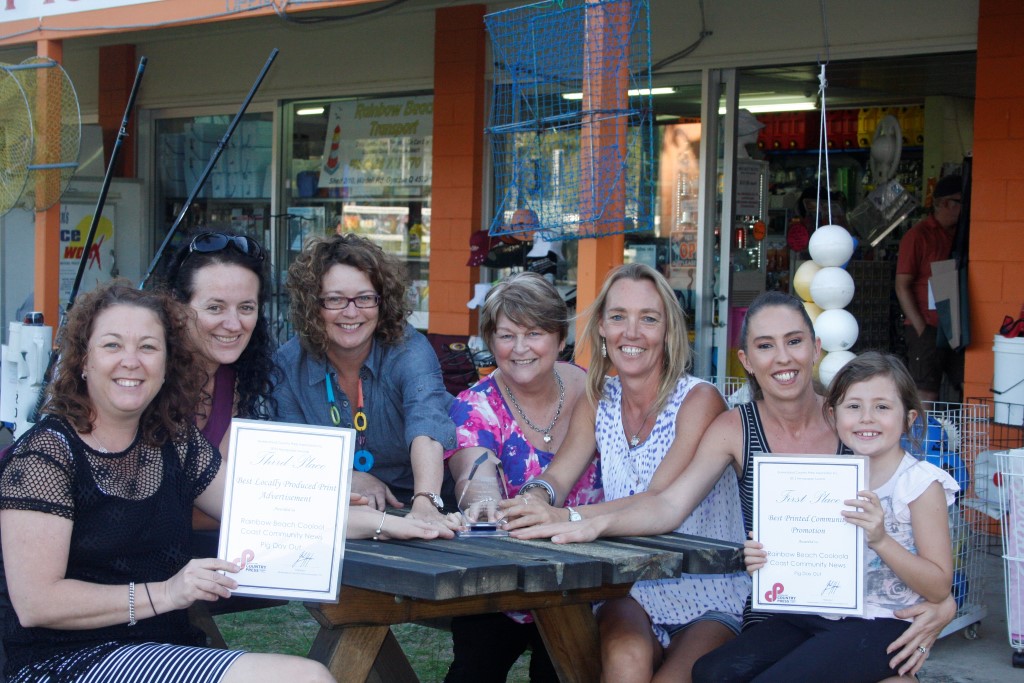 With the Best Community Promotion trophy plus an advertising award, the Pig Day Out wins again - thanks to organisers from Rainbow Beach Hardware, RB Transport and P&C members and more! Leanne Bosse, Renae Vicic, Michelle Gilmore, Terri Geissmann, Rachel Croker, Kirstie Morris-Jordison and daughter Ella celebrate the awards