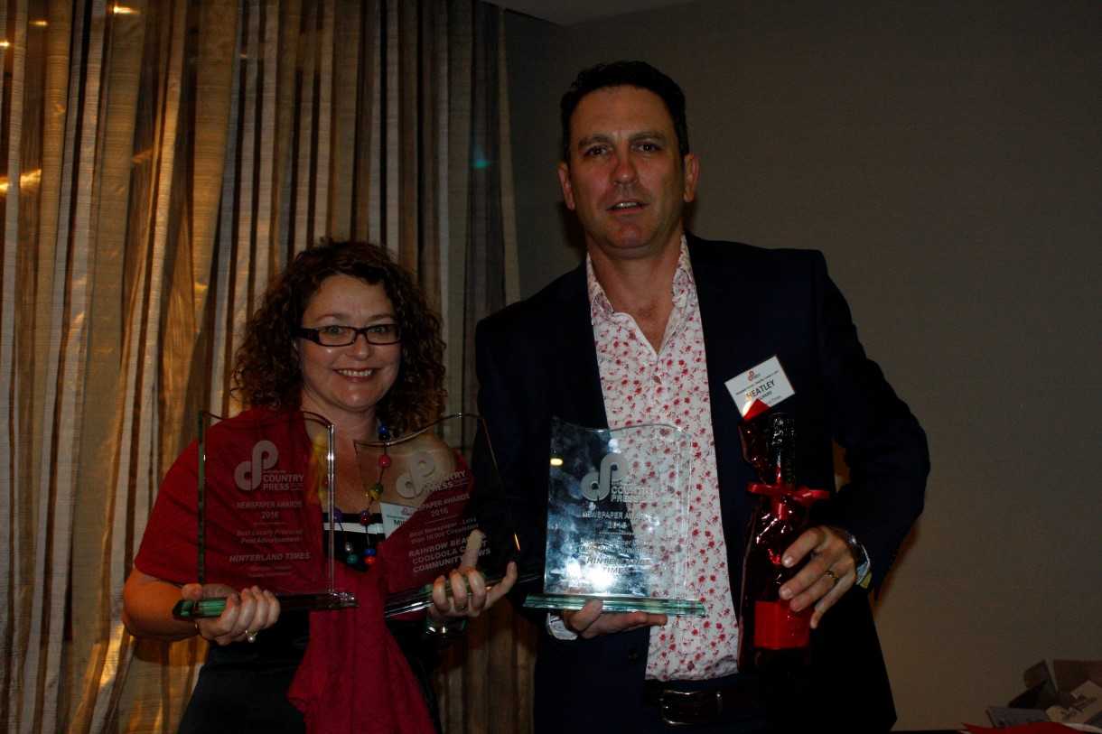 Michelle and Heatley Gilmore were thrilled with winning Best Advertisement and two Best Newspaper in Country Queensland troph