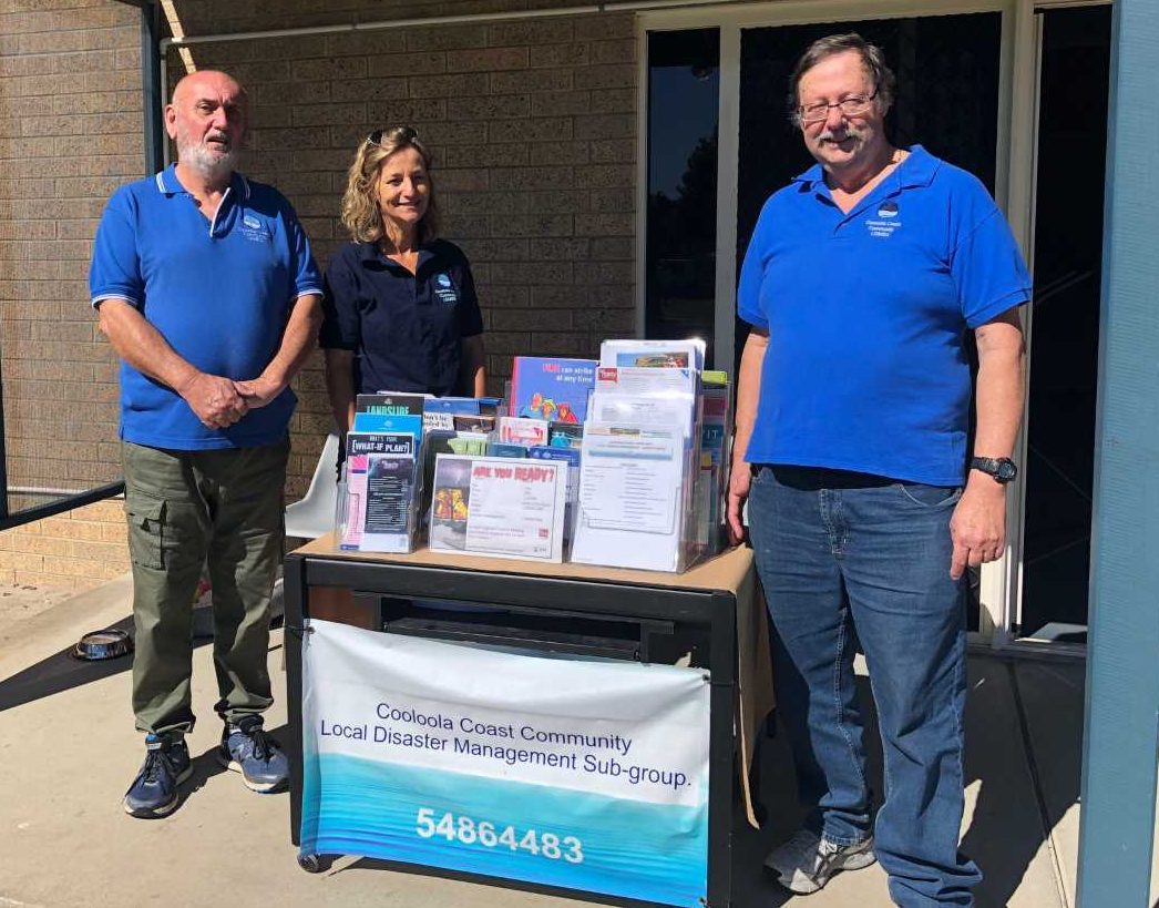 Cooloola Coast Community Local Disaster Management Support Group Chairman Terry Steele, Colleen Hair and Secretary Kevin Somerville at Cooloola Cove