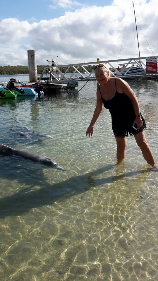 Bev from the Gold Coast visiting the Tin Can Bay dolphins