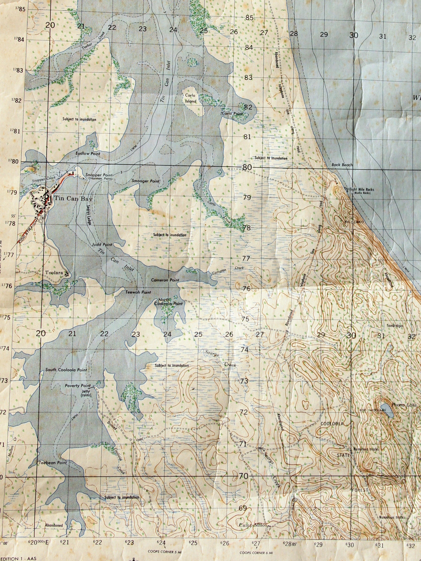 Old 1958 Military Map Wide Bay, the present Rainbow Beach Road is in the same position as the track along the old telephone line from Searys Creek.