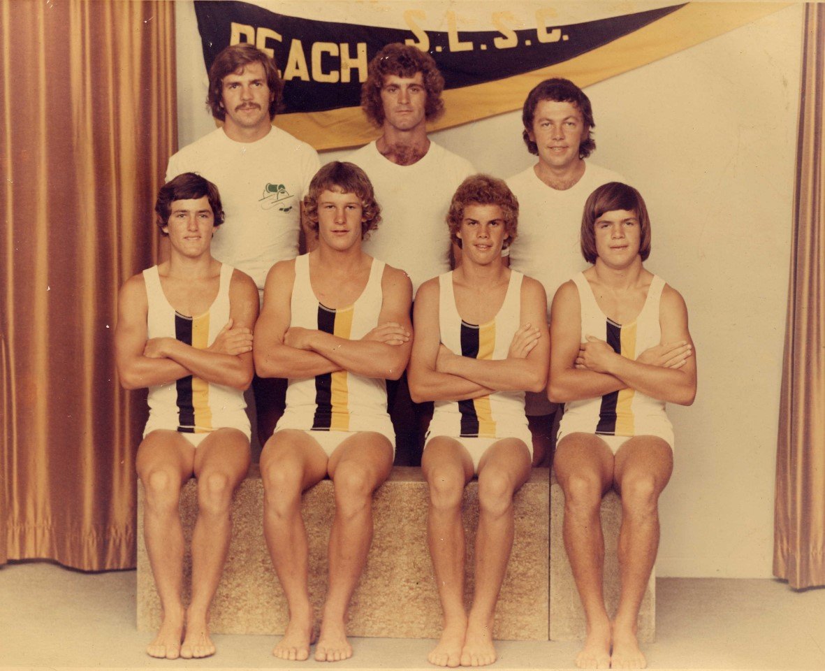 Rainbow Beach Relay Team 1975 Back Row: Ron Organ, Garry Hewitt, Billy Nolan Front: Robert Murray, Greg (Nicky) Wilson, Paul Battle, Peter Lehman - with the most talked about togs of the competition - they were see-through.