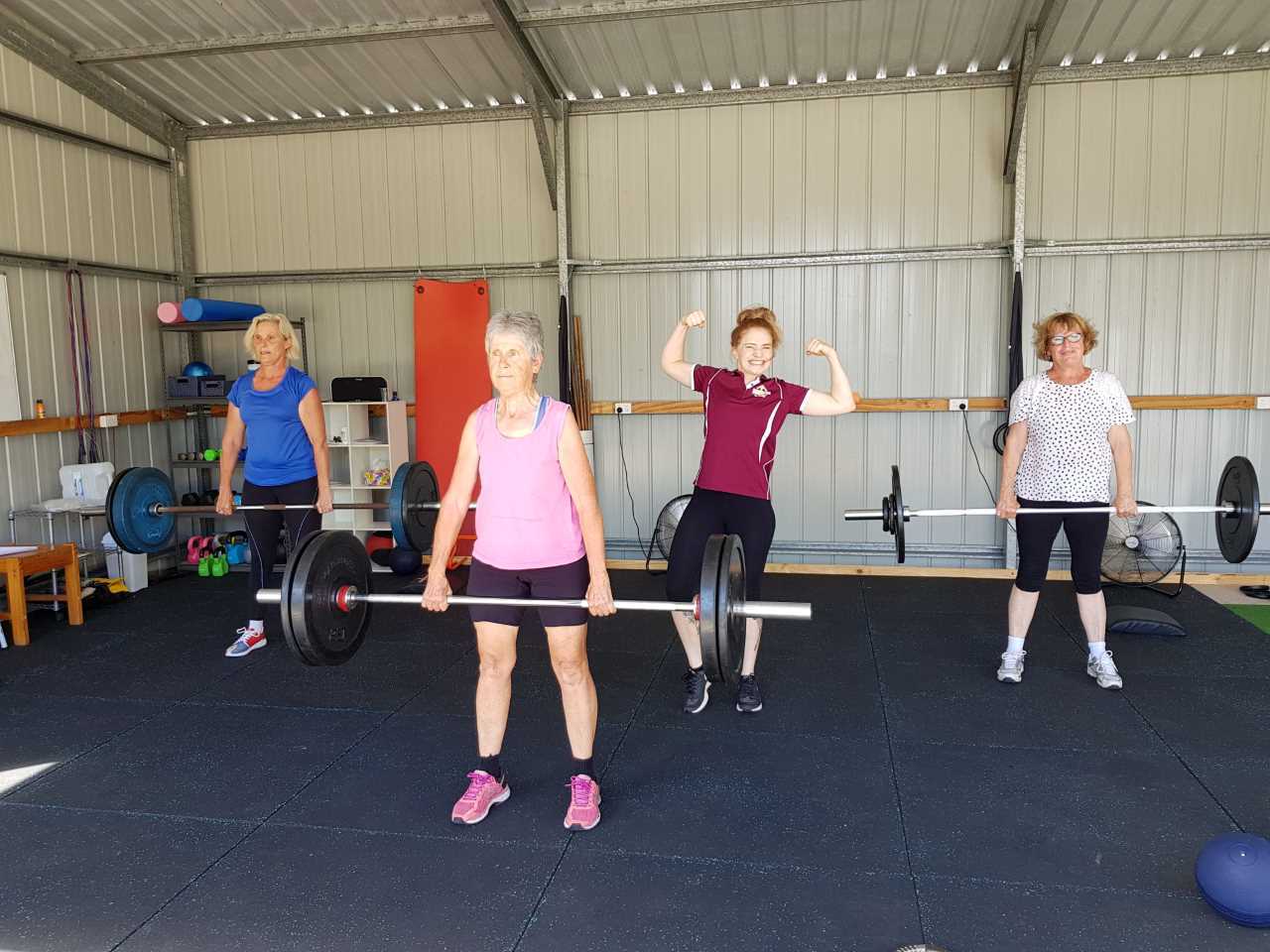 Physio Sue Bennett and trainer Gemma invite you to the Tin Can Bay Physiotherapy Health Club - here they are, working out wit
