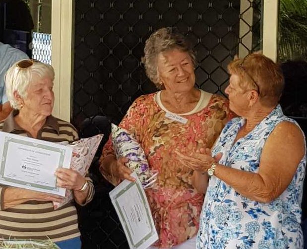 Beryl Murray and Dawn Gant are thanked by Secretary Michelle O’Gorman for 27 years of service during National Volunteers Week