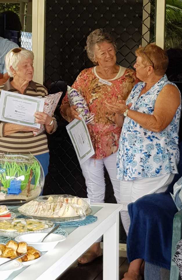 Beryl Murray and Dawn Gant are thanked by Secretary Michelle O’Gorman for 27 years of service during National Volunteers Week