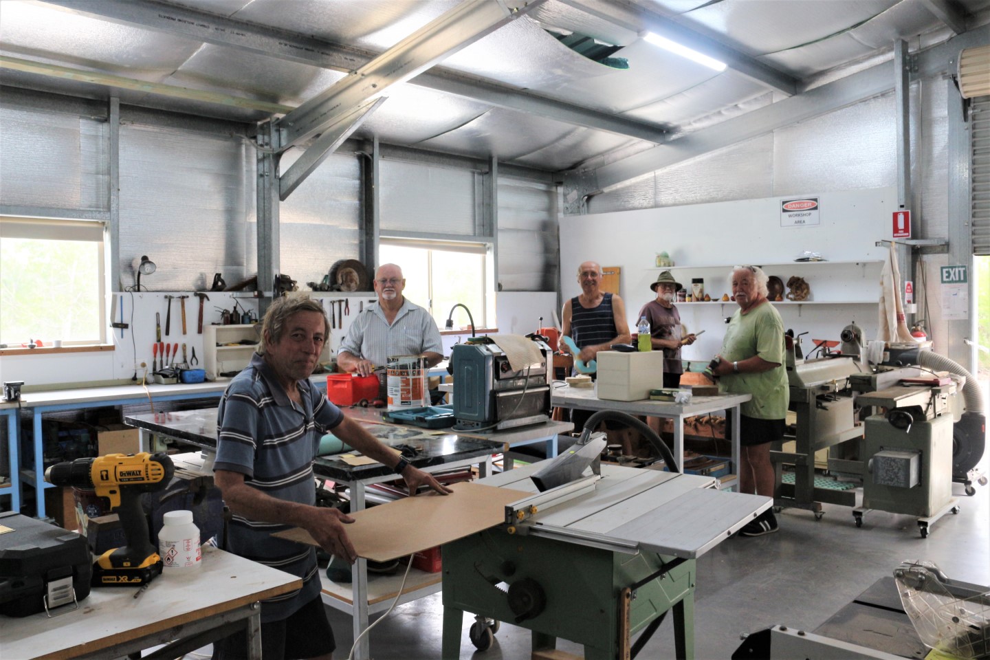 The Men’s Shed is now OPEN! Pictured working on just a few of the stations are Brian, Paul, Fernando, Bryan, Mike - congratulations on all the hard work and persistence to reach this point