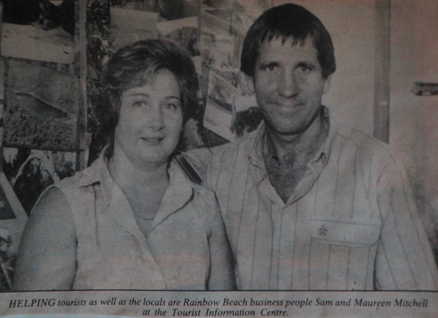 Then (1989): Maureen and Sam Mitchell are proudly 30 years in the one business - Rainbow Beach Tourist and Information Centre, now relocated a few shops down, next to Sea Salt at Rainbow Image courtesy Gympie Times 