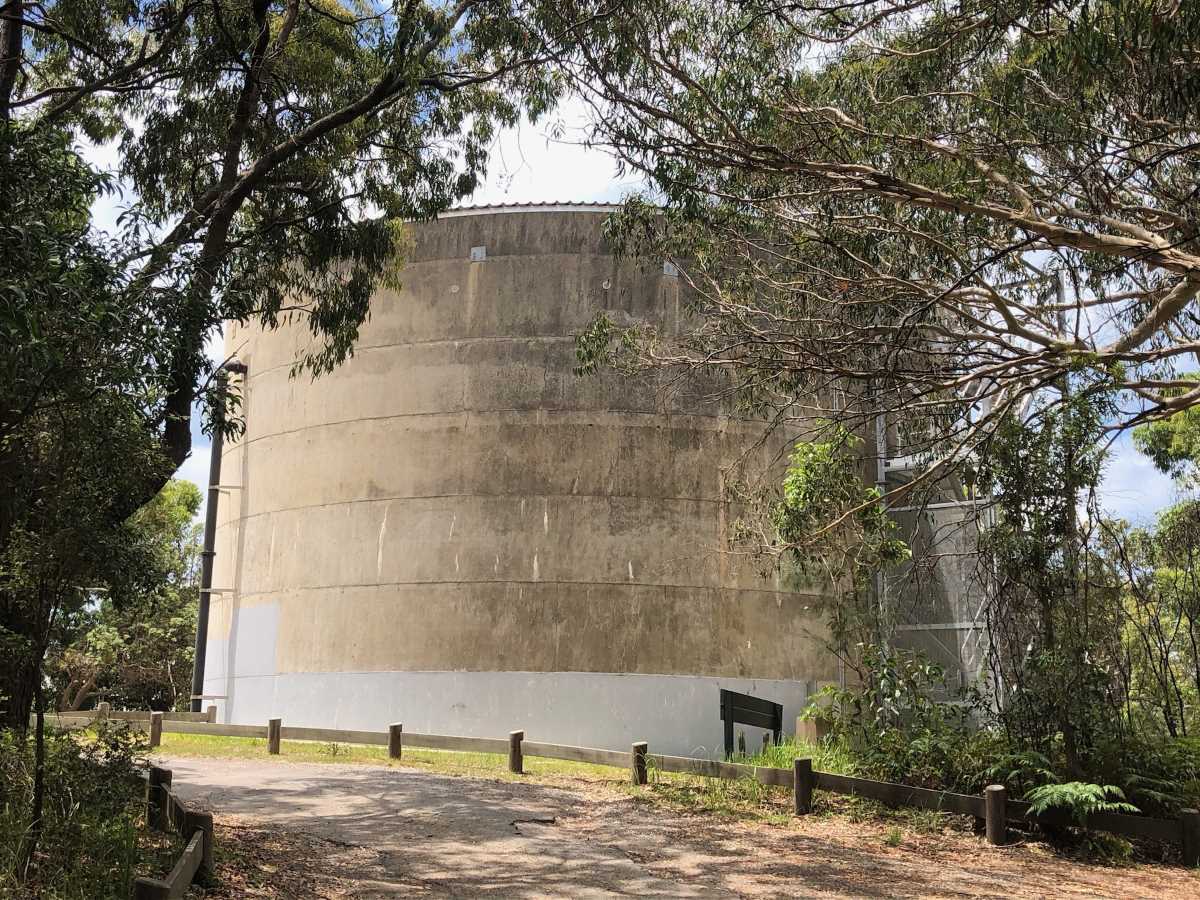 The blank canvas of the water tower awaiting its imminent makeover.