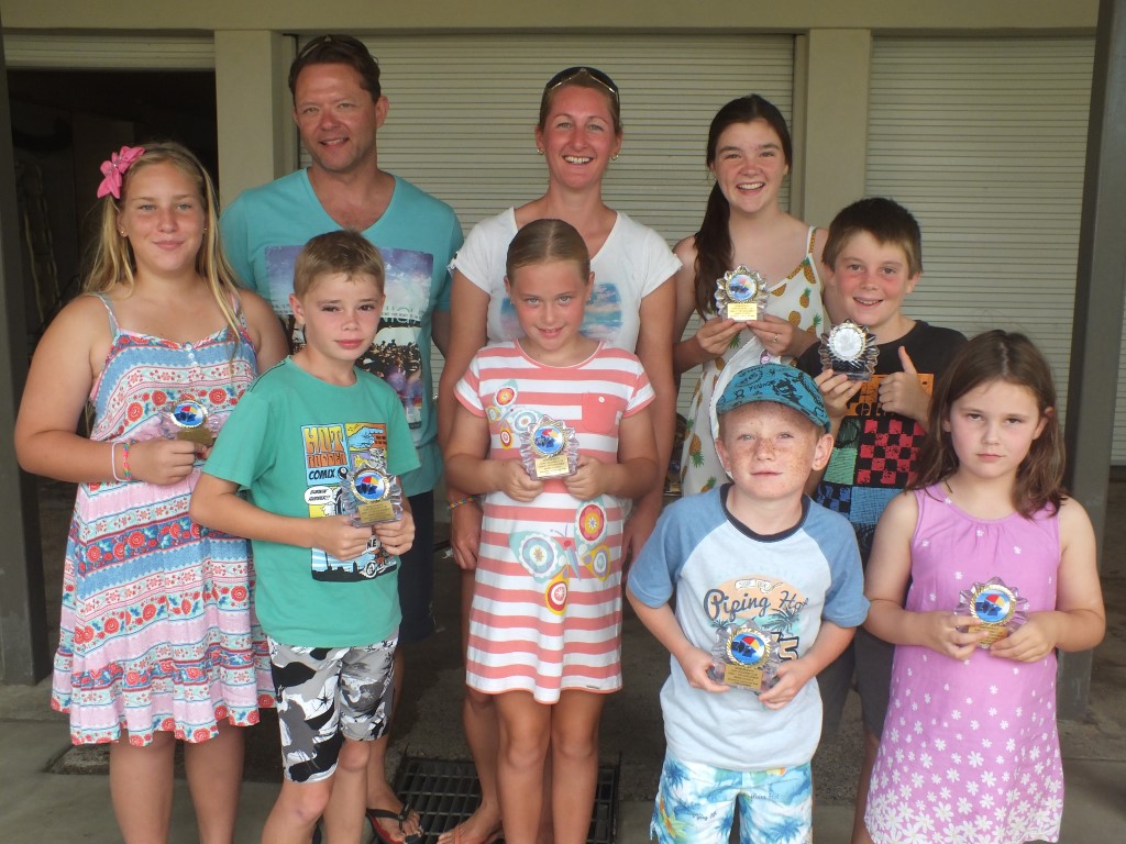 Sponsors Andy and Dee White for ENCOURAGEMENT AWARDS:(L-R) U11 Sarah Spiers, U10 Mitchell Brown, U9 Annalise White, U7 Ryan Sharman, U14 Elizabeth White, U12 Henry Chamberlain, U6 Emma Smith (absent: Ingrid & Greer Bahr)
