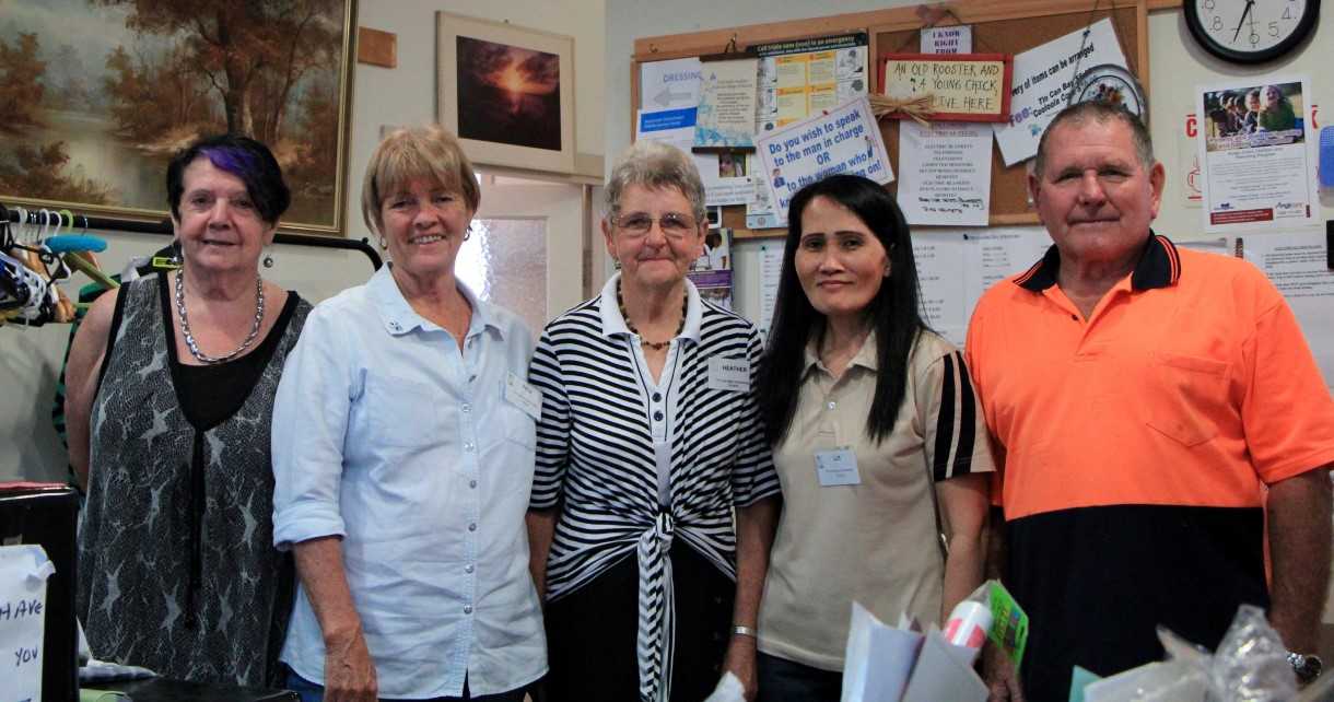 Volunteers Wendy, Peta, Heather and Tony with lots of bargains and friendly smiles