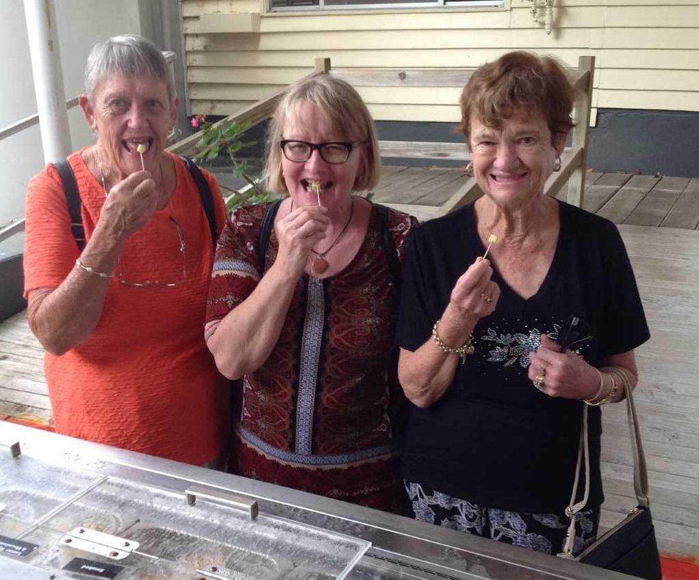 Lil Kahl, Therese Skuthorpe and Margaret Beaufoy tasting a selection of cheeses and yoghurts in Kenilworth