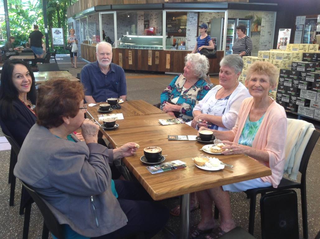 Jenny, Sandra, Vaughan, Margaret, Rhonda, and Annette enjoy lunch at the Ginger Cafe