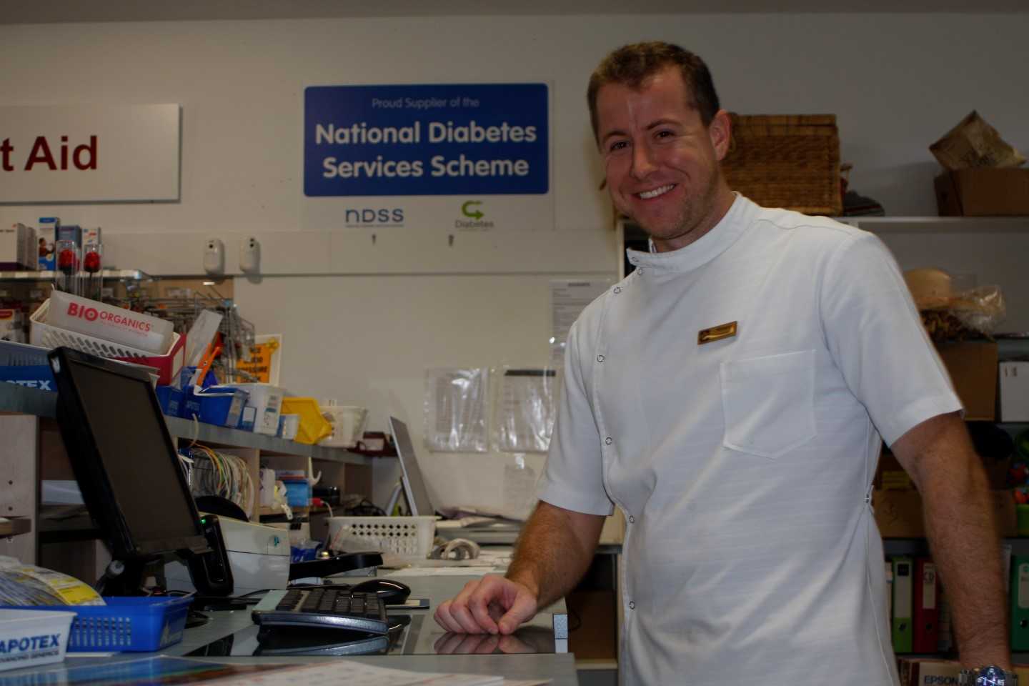 New pharmacist, Richard O’Donohue, hard at work at Rainbow Beach Pharmacy