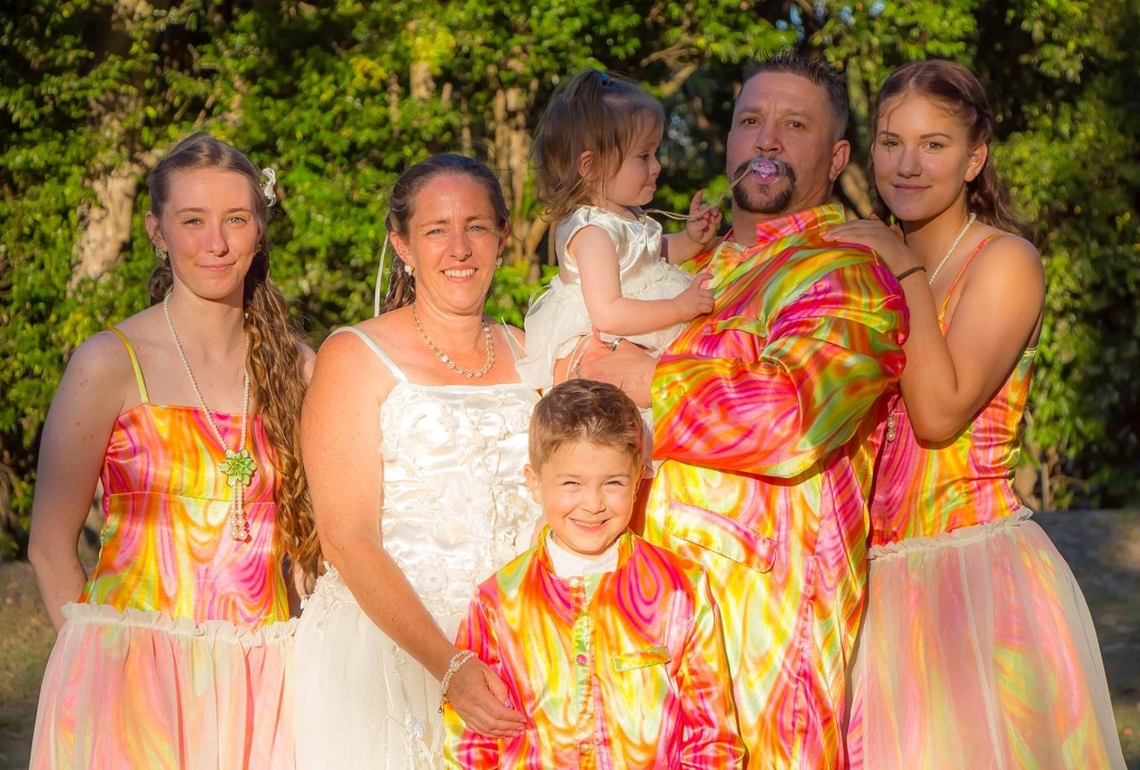 A rainbow wedding for Clay and Tania Preston with family Iesha Jones, Brodie, Nikkita-Rose, and Kiera-Lee Preston Image Dan Donohue, Coastal Motion