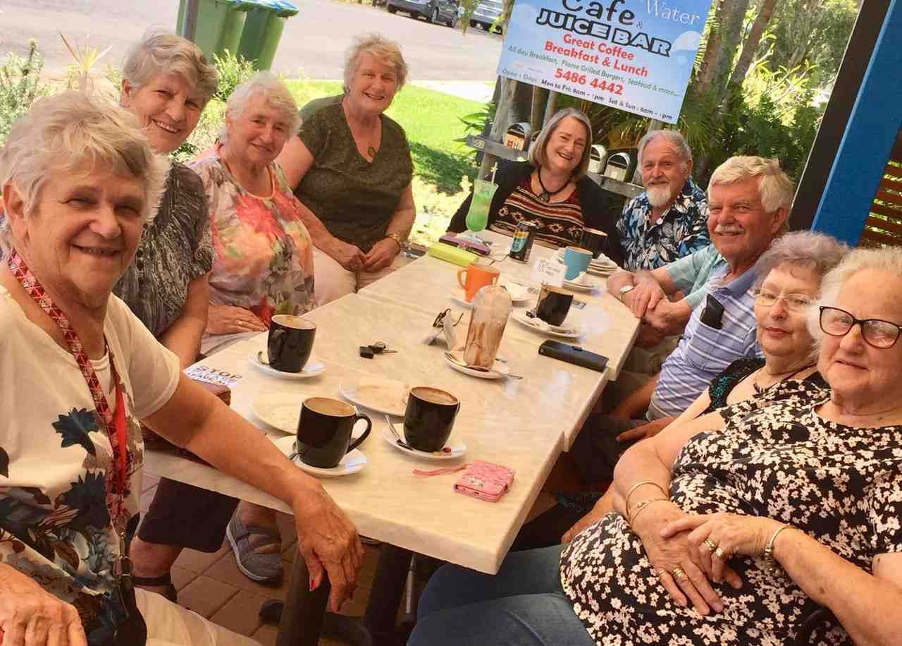Probus members at Temptations Café: Joan Barnier, Katrina van den Brenk, Jo Said, Cherryl Mossman, Jeanette and Rob Murray, (Arthur Leggo - President! hidden), Daryl and Ann Christie, and Barbara McKenzie