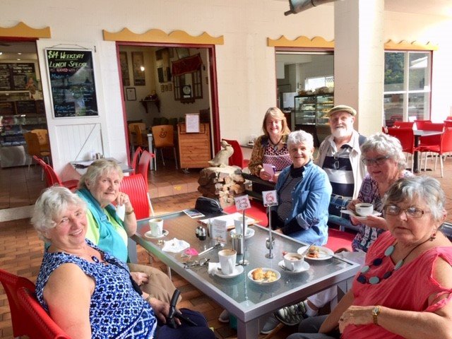 Cherryl Mossman, Jo Said, Marie Parker, Jan Murfett, Joan Barnier, and in the back Robert and Jeanette Murray enjoying lunch at Mary Cairncross Park with Probus