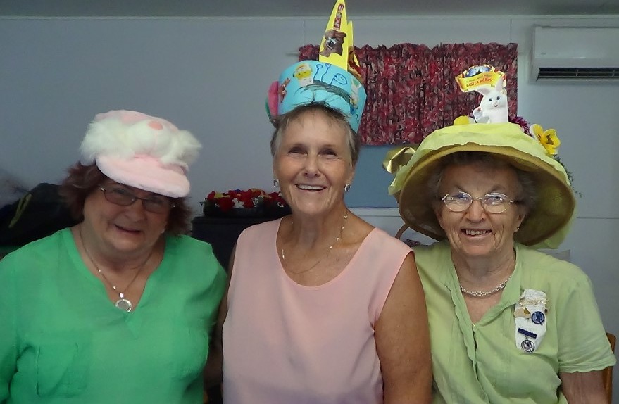 Linda Murphy, Lorraine Bishop and Elwyn Slaughter at an impromptu Easter Bonnet Parade produced quite a variety of headwear -