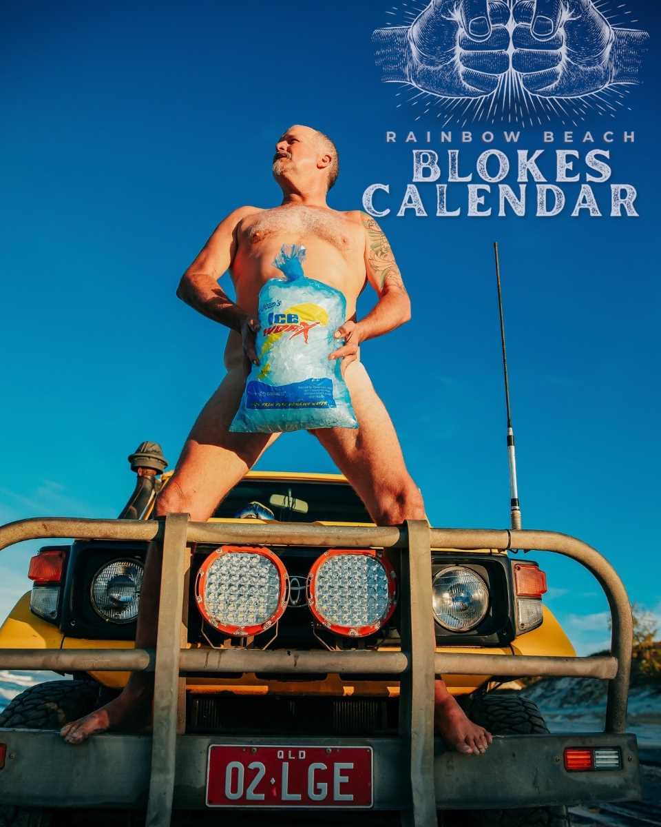 Mr January - local legend The Ice Man shows us his best angle in his Rainbow Beach Blokes Calendar photo shoot