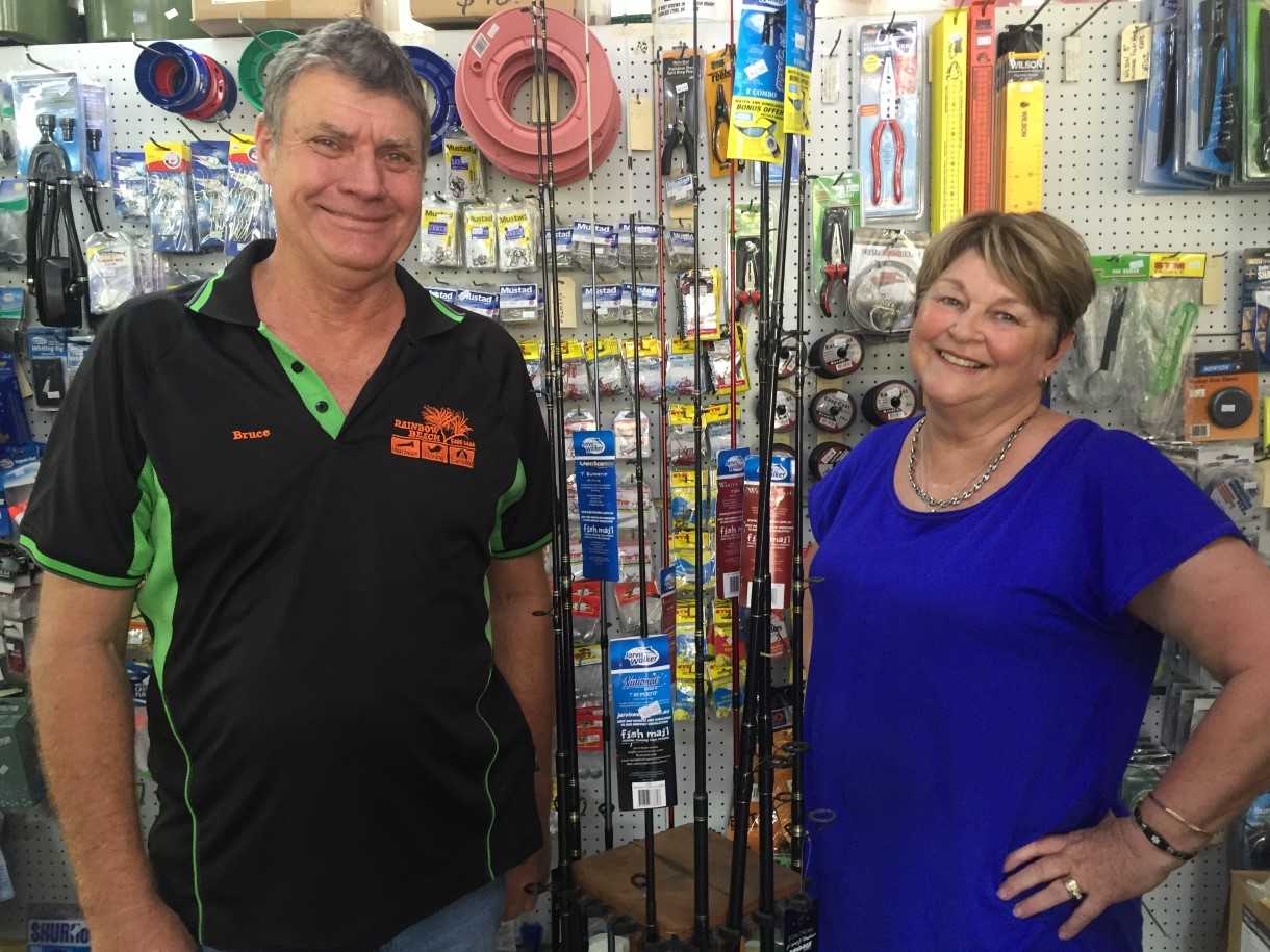 Bruce and Terri Geissmann from Rainbow Beach Hardware, Fishing and Camping are concerned about the approval for a roadside stall on the corner of Tin Can Bay and Rainbow Beach roads