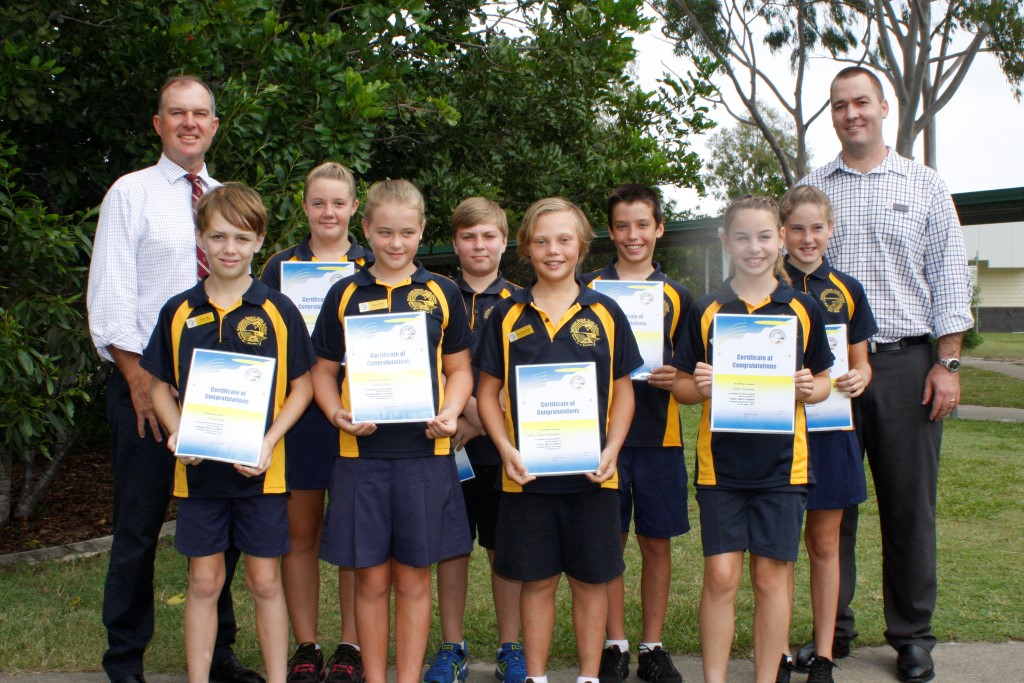 Our new captains Back row: Mr. Tony Perret MP, School Captains Baillee and Flynn, Vice Captains Alex and Maddie, Principal Mr