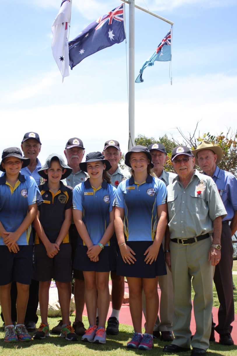 Rainbow Beach RSL Sub Branch members Bob Bliss, Trevor Ansell, John Molkentien, Pat Nayler OAM, Len Vickery, with (front) Rai