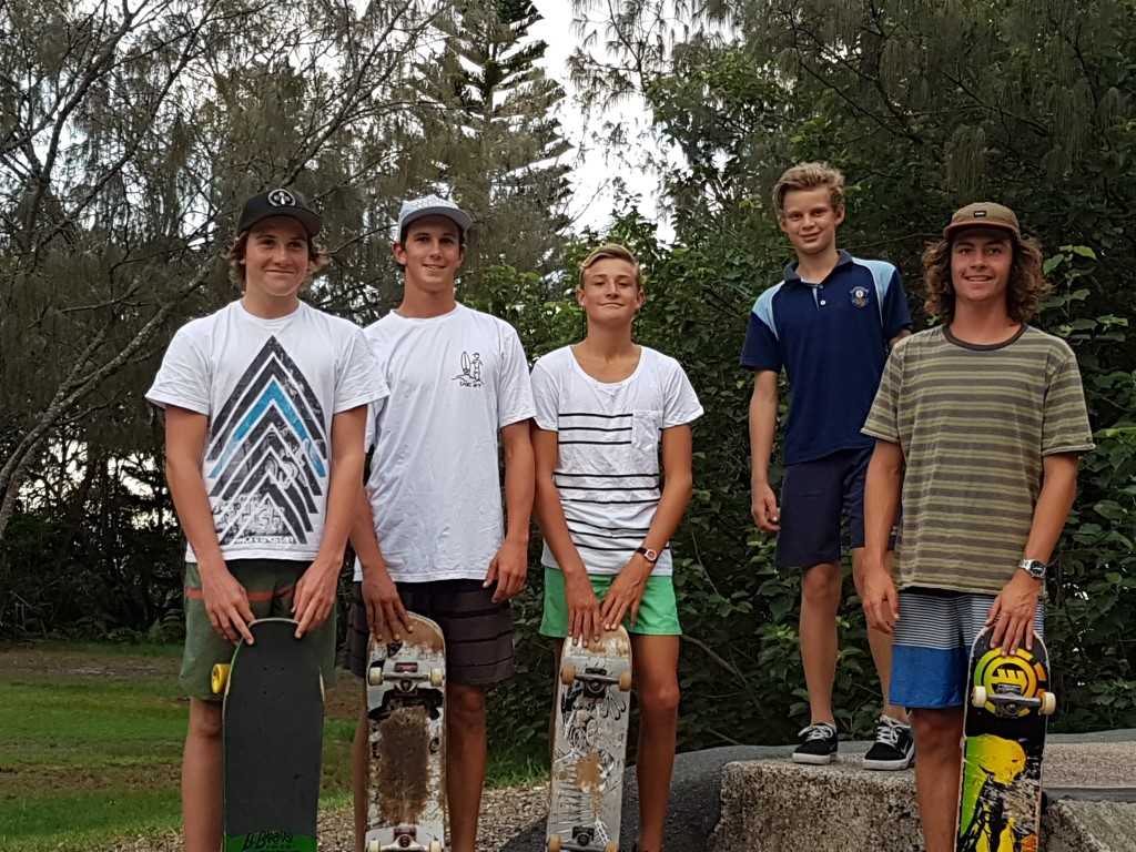 Cody Hethorn, Alex Wilson, Zak McCarthy, Isaac Cole and Nicholas White seek progress on the skate park