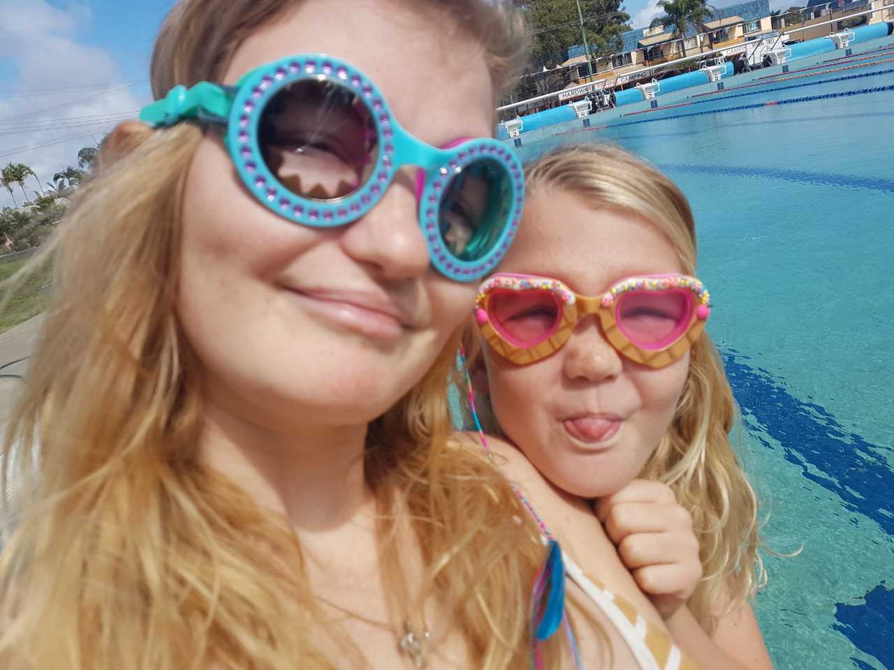 Suitable for all ages, Cyndari and Jahli model "Blue Chill" and "Gelato Girl Baby Pink" Bling2O goggles, available now at the