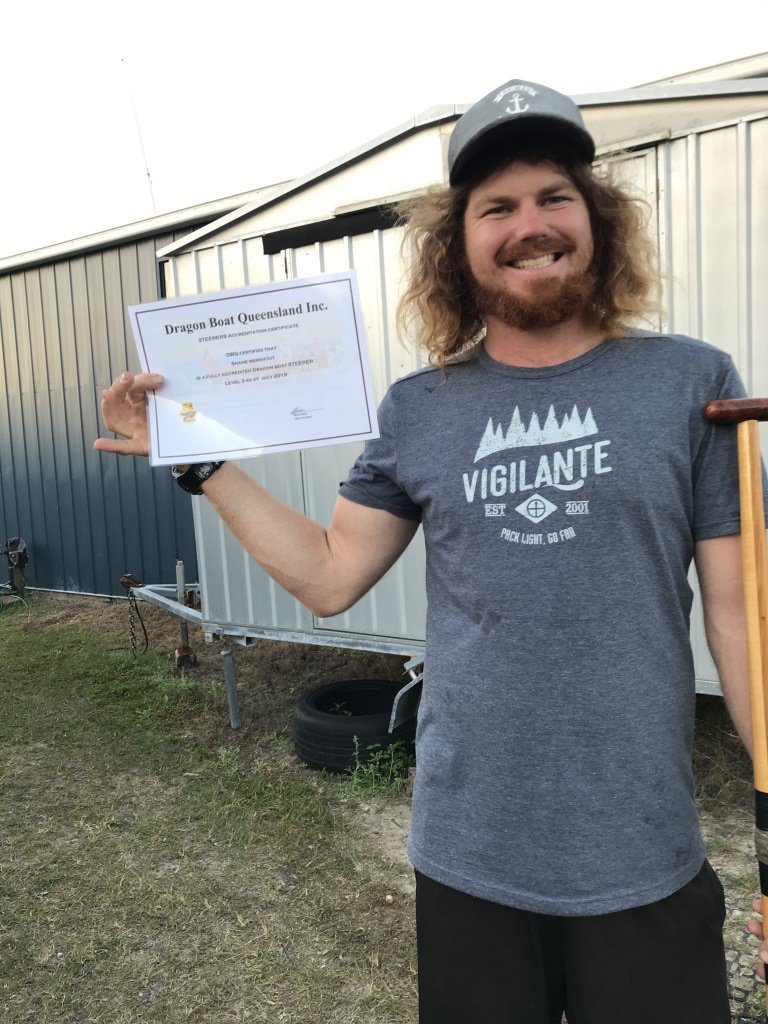 Assistant coach Shane Berkhurt celebrates his accreditation as sweep/steered from Dragon Boat QLD