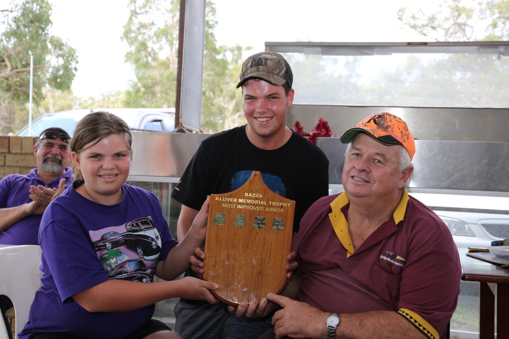 Gordon MacRae presenting Bazza Cluver to Most Improved Juniors Jack Martin and Eliza (Lizzie) Martin Images Toni MacRae