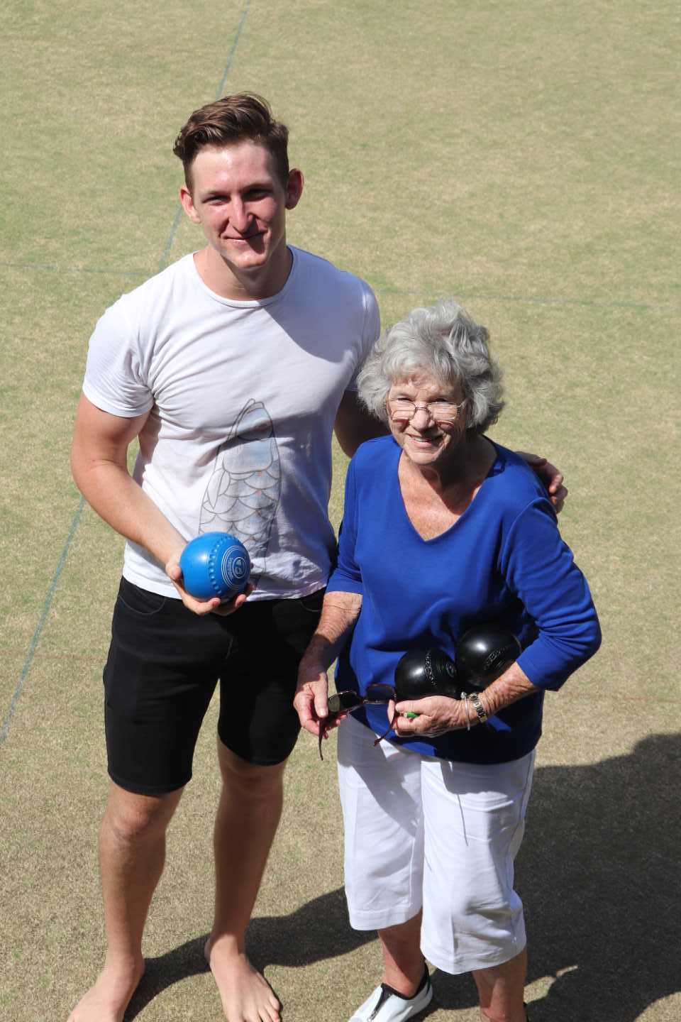 The new Friday afternoon social bowls is only one new change the Sports Club have planned for the community. Local Marcia Mills and grandson Tristan Watson show that it is for men and women, young and not so young - come join them!