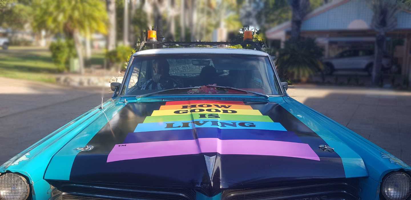 Sam Mitchell from Rainbow Beach Tourist Information Centre now has the words and rainbow on his Variety Bash car
