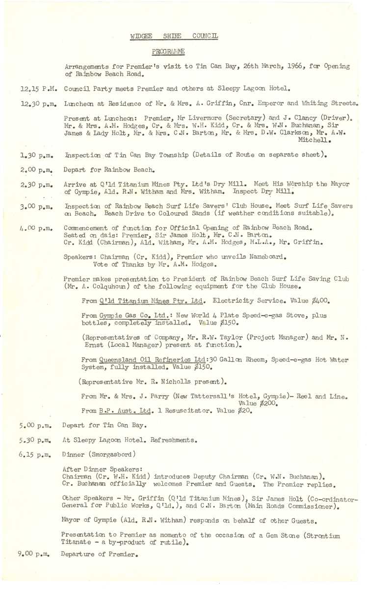 Itinery for the opening of Rainbow Beach Road