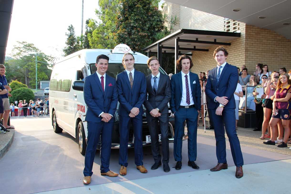 A couple of local lads arriving in style by maxi taxi Gympie Golden City Cabs, at the St Patrick's College Formal: Kale Fullarton, Felix Laird, Sam Rowan from Gympie, Harrison Young and Tristan Watson from Wolvi.