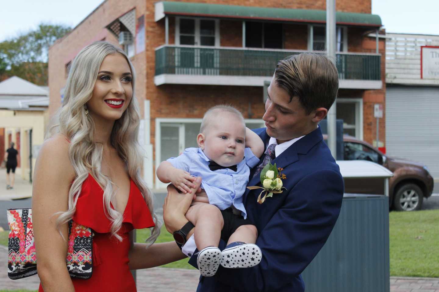 Year 12 2018 Zac McCarthy with partner Shanae White, and his nephew, Noah