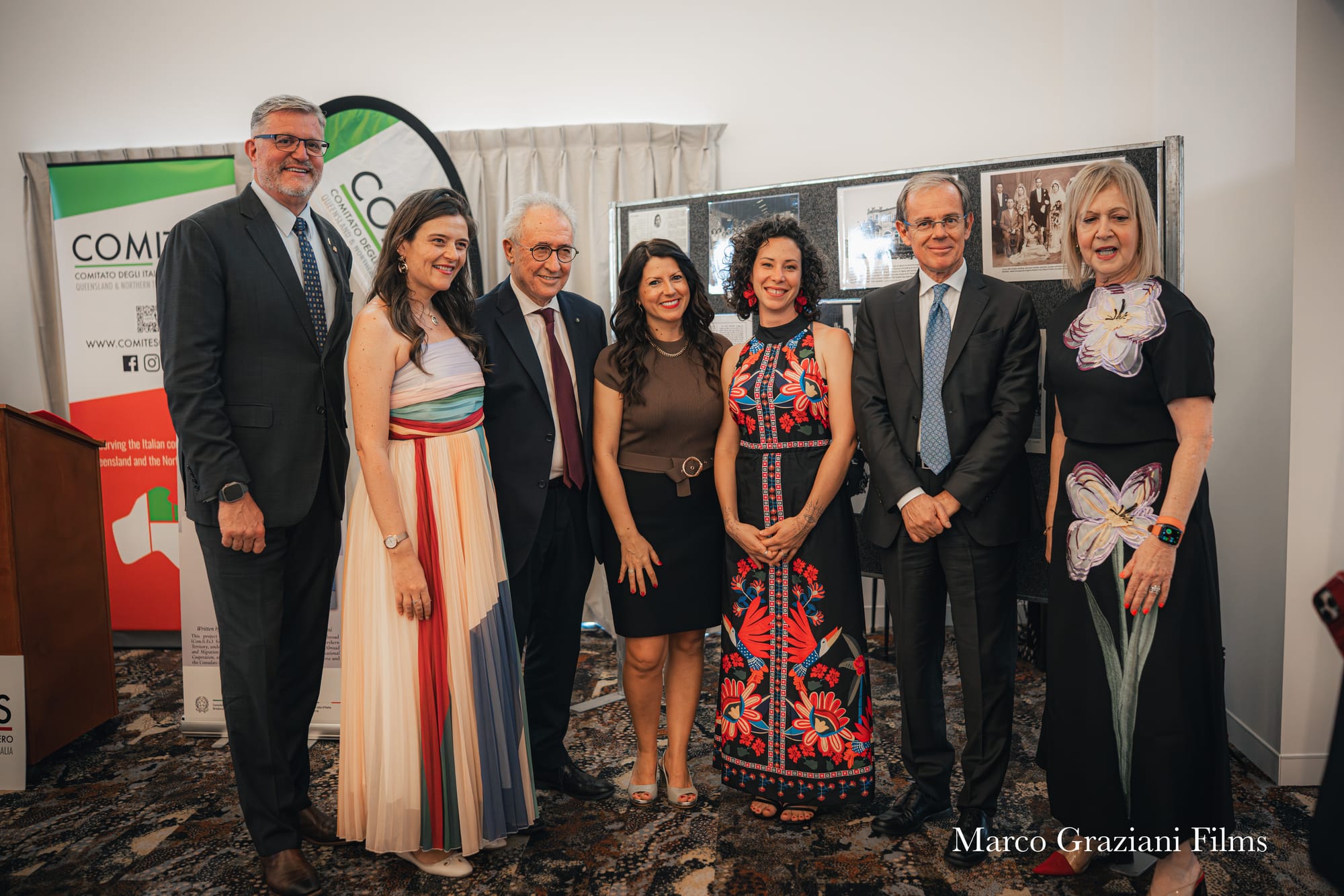 L-R: Qld Govt Assistant Minister Trevor Watts; Italian Consul for QLD & NT Luna Angelini Marinucci; Italian Senator Francesco Giacobbe; Author Elisa Mele Seul; Illustrator Alessia Castiglioni; Italian Ambassador to Australia Nicola Lener; Com.It.Es. QLD NT President Rosie Vecchio.