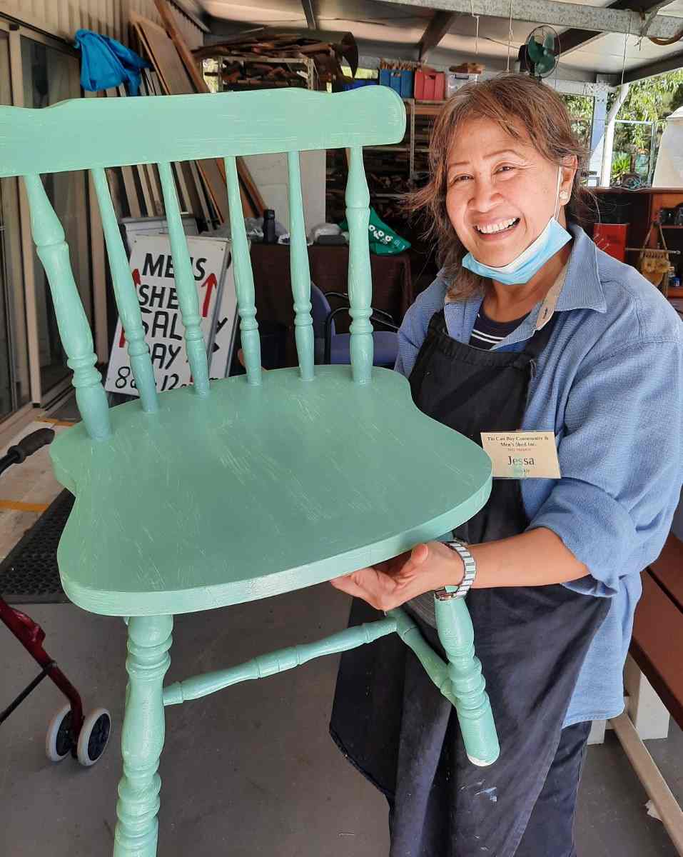 Jessa has been turning out three two-piece sets of vivid white, sea green, and pumpkin orange chairs for your dining enjoymen