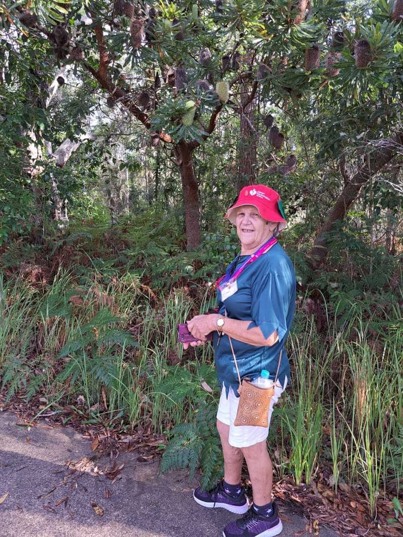 Joan Barnier notices the Banksia blossom is green on St Patrick's Day