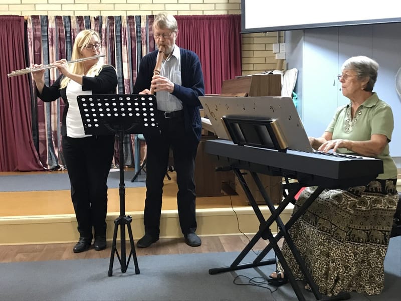 Debbie, Len and Pam playing the theme song from the film Titanic: My heart will go on, with flute, tenor recorder and piano