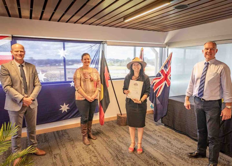 Our latest Australian citizen Elisa Seul with Mayor Glen Hartwig, Division 1 Councillor Jessica Milne and MP Tony Perrett