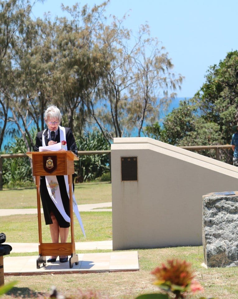 Reverend Ingrid Busk offering prayers at the 2019 Remembrance Day Service in Rainbow Beach