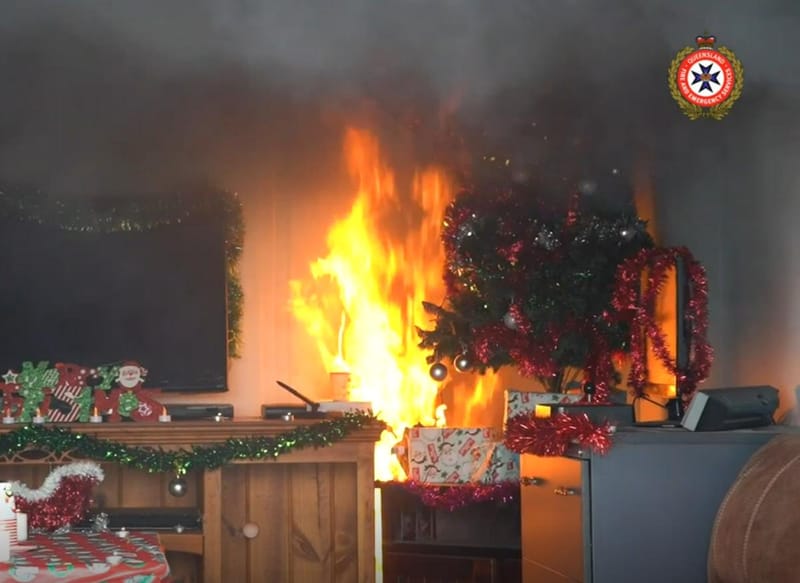 Fire safety a must this festive season - xmas tree burning QFS