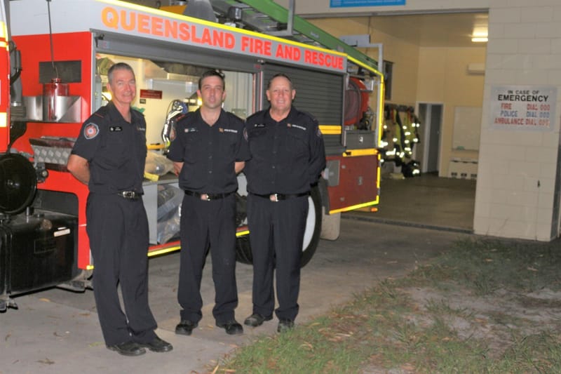 Three of the local firefighters, Ivan Thrash, Liam Gray and Geoff Cochrane, who meet every Tuesday night at the Rainbow Beach