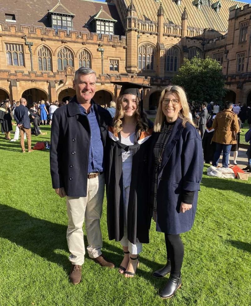 Tarni Palmer, pictured with parents David and Selina Palmer at the University of Sydney.