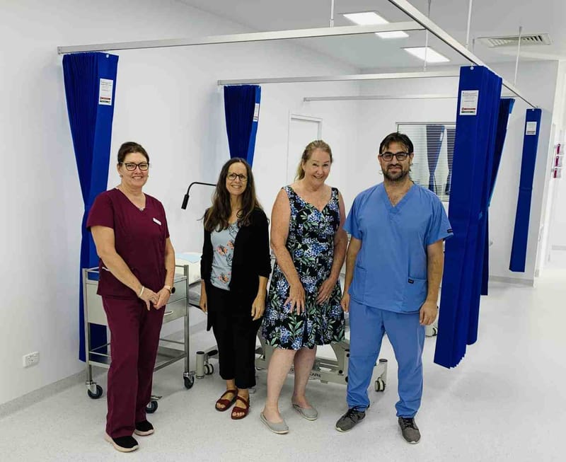 Nurse Manager Tracy RN, Dr Rita Vinten, Dr Kim Badcoe, and Dr Samer Sirri are ready to welcome you at the new Cooloola Cove G