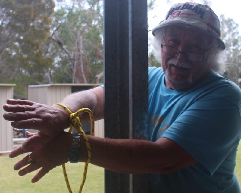 Mens Shed - Our dear Ol shed manager, Bryan Phillips, got knotted well and truly with his handcuff knot applied by course fac