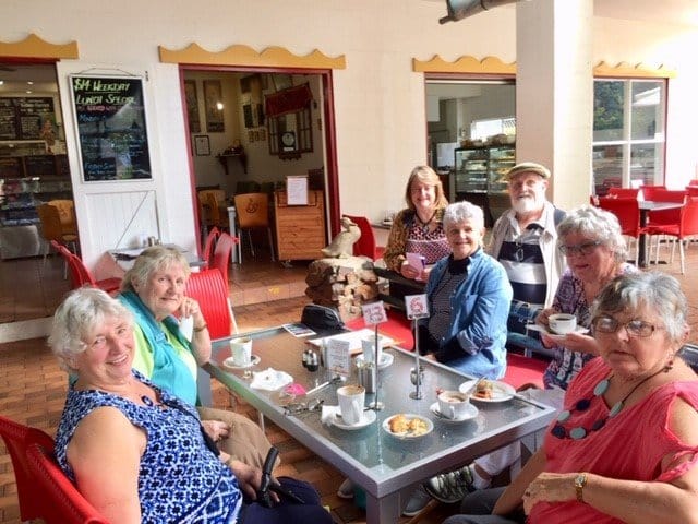 Cherryl Mossman, Jo Said, Marie Parker, Jan Murfett, Joan Barnier, and in the back Robert and Jeanette Murray enjoying lunch